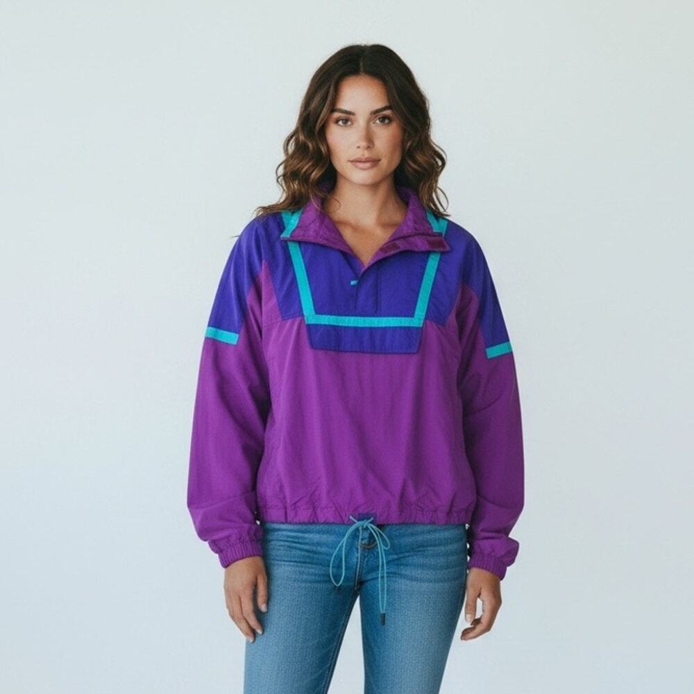 VTG L.L.Bean Anorak Windbreaker Jacket Womens L Purple Blue Quarter-Zip Retro - Picture 1 of 13